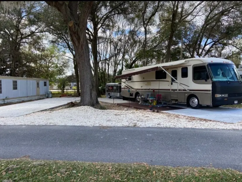 Class A motorhome parked under live oaks at a peaceful Sunny Shores site